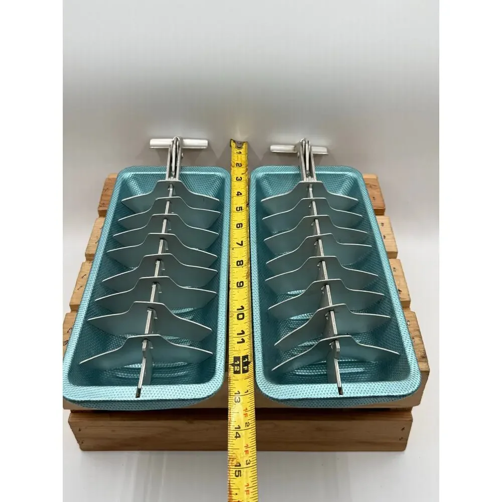 Vintage Metallic Blue Aluminum Ice Cube Trays with Levers - Pair of 2